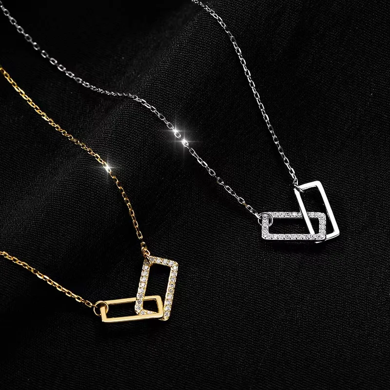 

2022 new s925 silver necklace female square interlocking simple Korean temperament geometric clavicle chain sterling silver wild