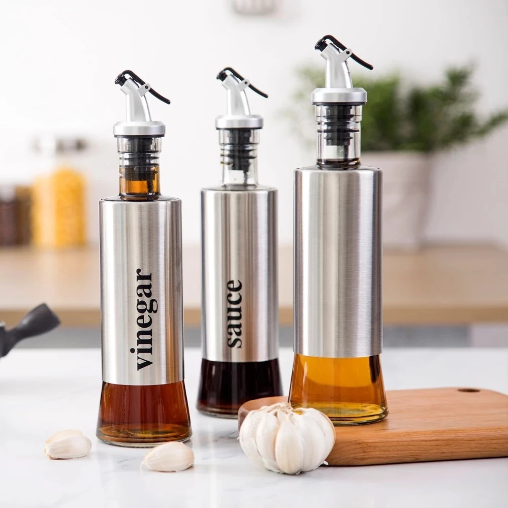 

3pcs/Set Stainless Steel +Glass Leakproof Oil Bottle Household Soy Sauce Bottle Seasoning Bottle Oil Vinegar Po