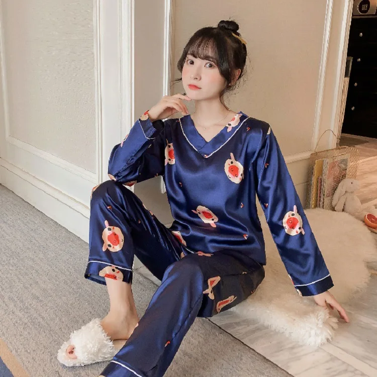 Pajamas Set Women's Silk V-neck Long-sleeved Summer and Autumn Ice Silk Ladies Home Service Suit Satin Nightwear Cartoon Pajamas