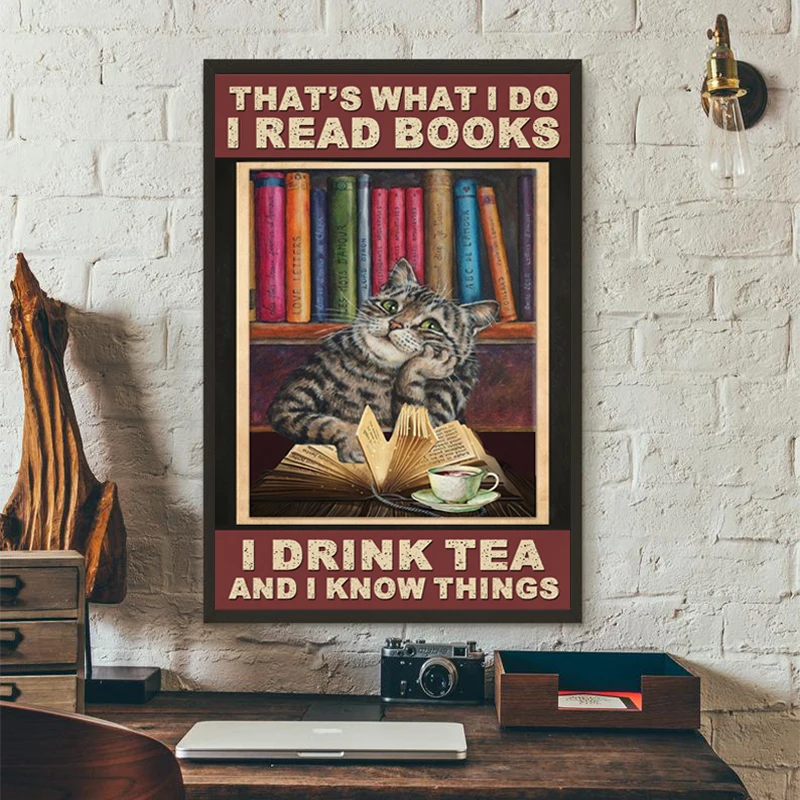 

Cat Reading Book Funny Poster Reading Room Library Wall Decor Bookworm Gift Girls Room Vintage Prints Frameless Canvas Painting