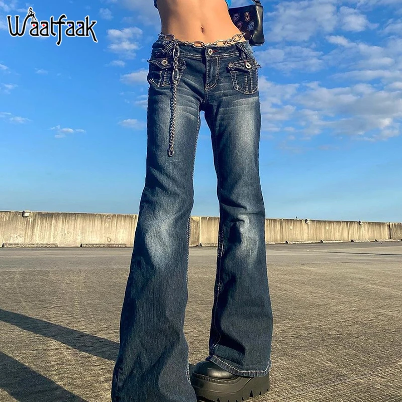 

Waatfaak Streetwear Pockets Patchwork Cargo Jeans Women Punk Boyfriend Low Waist Pants Harajuku Grunge Skinny Jeans Mom 2021