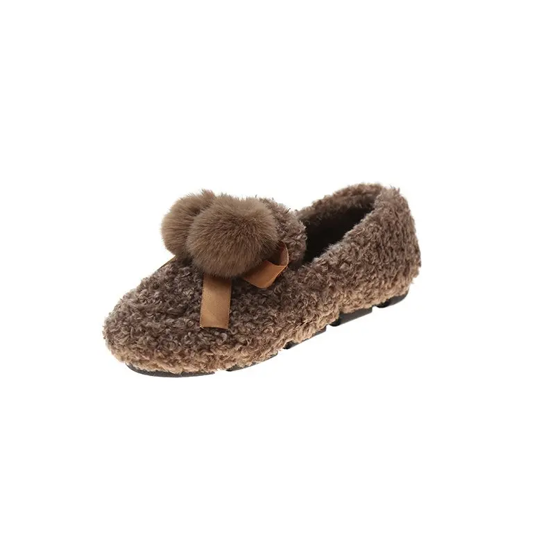 

Women Loafers Ladies Warm Short Plush Non Slip Shallow Square and Round Button Sewing Shoes Slip On Comfortable Footwear Flats