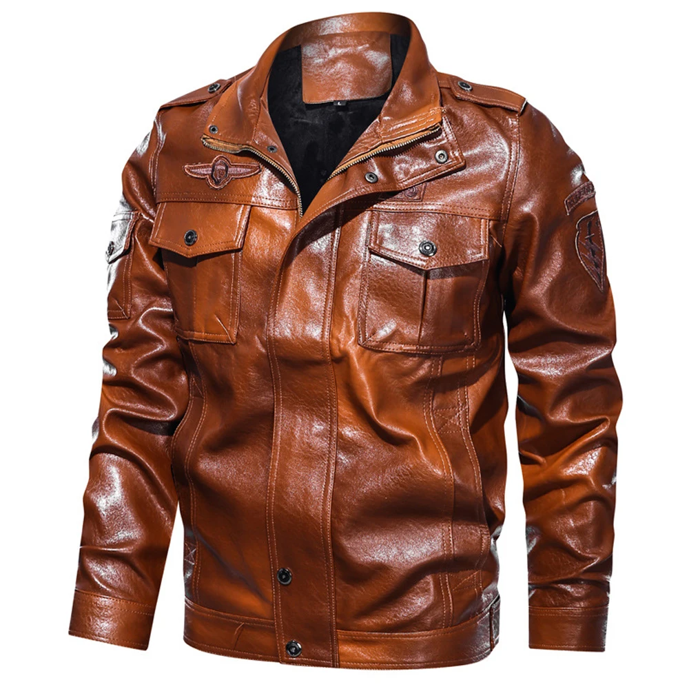 

COFEKATE Men Motorcycle Jacket PU Leather Winter Warm Coats Casual Long Sleeve Lapels Windproof Waterproof Outwear Plus Size