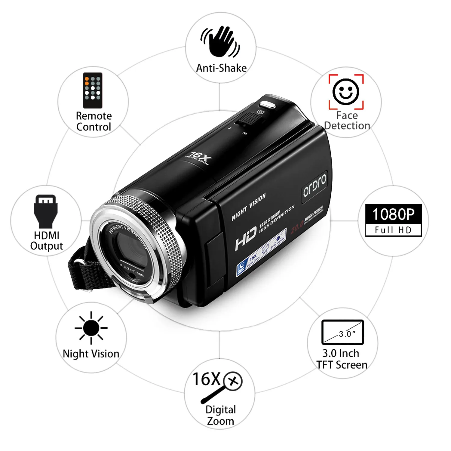ORDRO HDV-V12 3.0" LCD 1080P FHD Digital Camera Camcorder 16x Zoom DVR IR Night Vision CMOS Sensor Microphone | Электроника