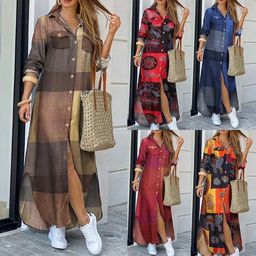 

Women Fashion Patchwork Streetwear Long Sleeve Printed Pockets Button Leisure Party Beach Maxi Shirt Dress