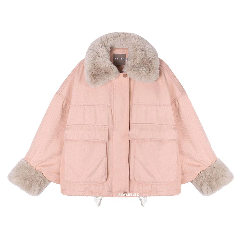 

2021 New Thick warm Winter Fur collar Coat Women Pink/yellow/black/white Korean Loose Zipper Short Cotton Jackets MY74