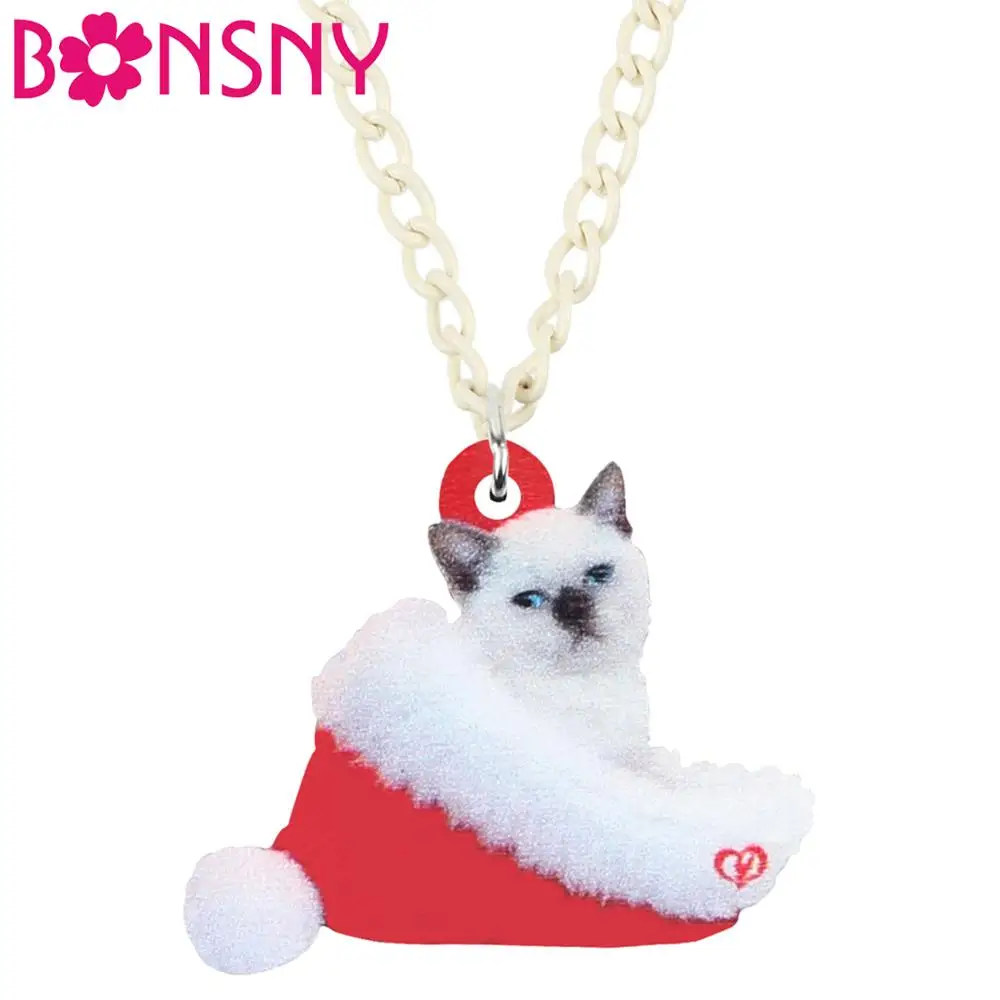 Bonsny Акриловая Рождественская шляпа сиамская кошка котенок ожерелье подвеска