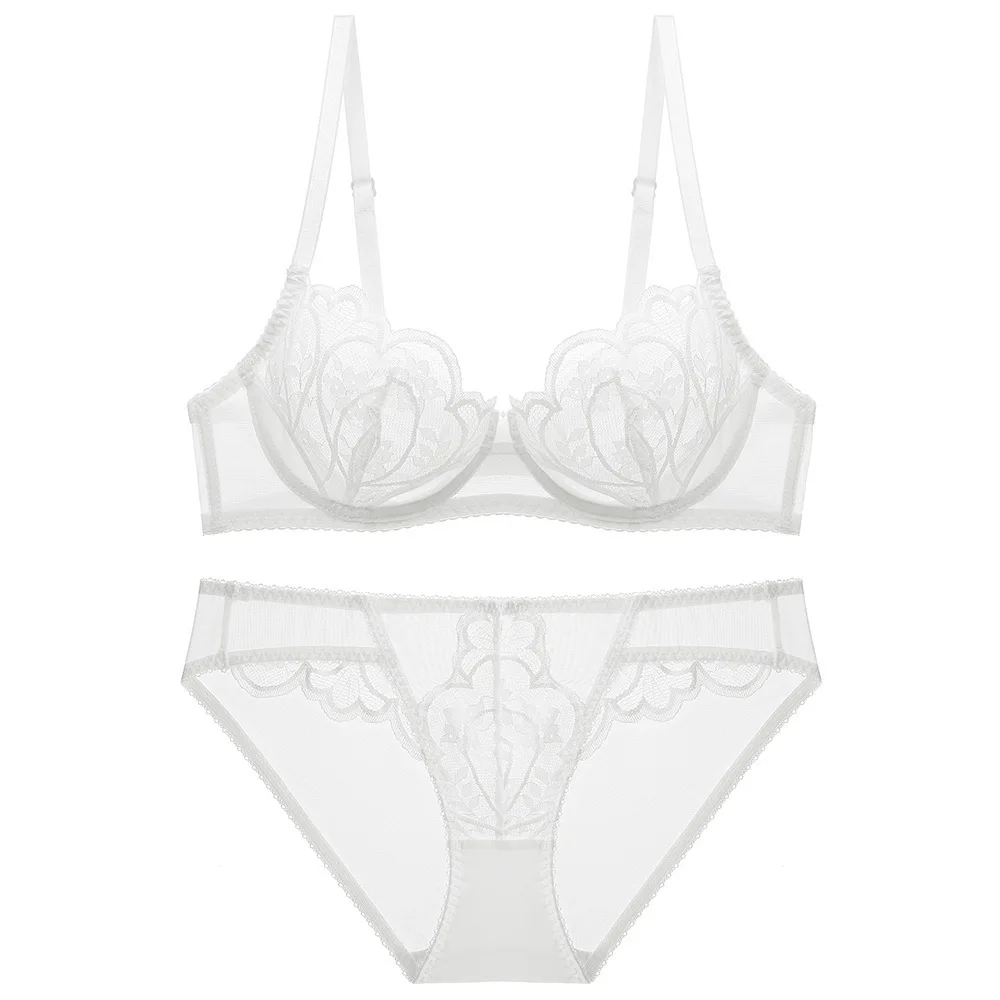 

Sexy Lace Underwear Ultra-thin Cup Transparent Bra Set Flowers Decoration Lingerie Comfortable Brassiere Low Waist PantiesSet