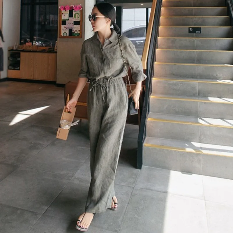 Женский комбинезон с отложным воротником полурукавом и бантом|Женские