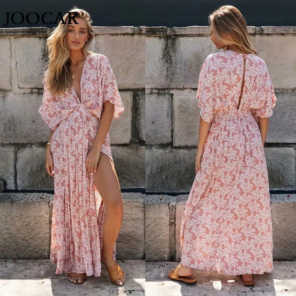

free shipping 2020 summer joocar sexy deep v neck Bat sleeves print split dress JC1240