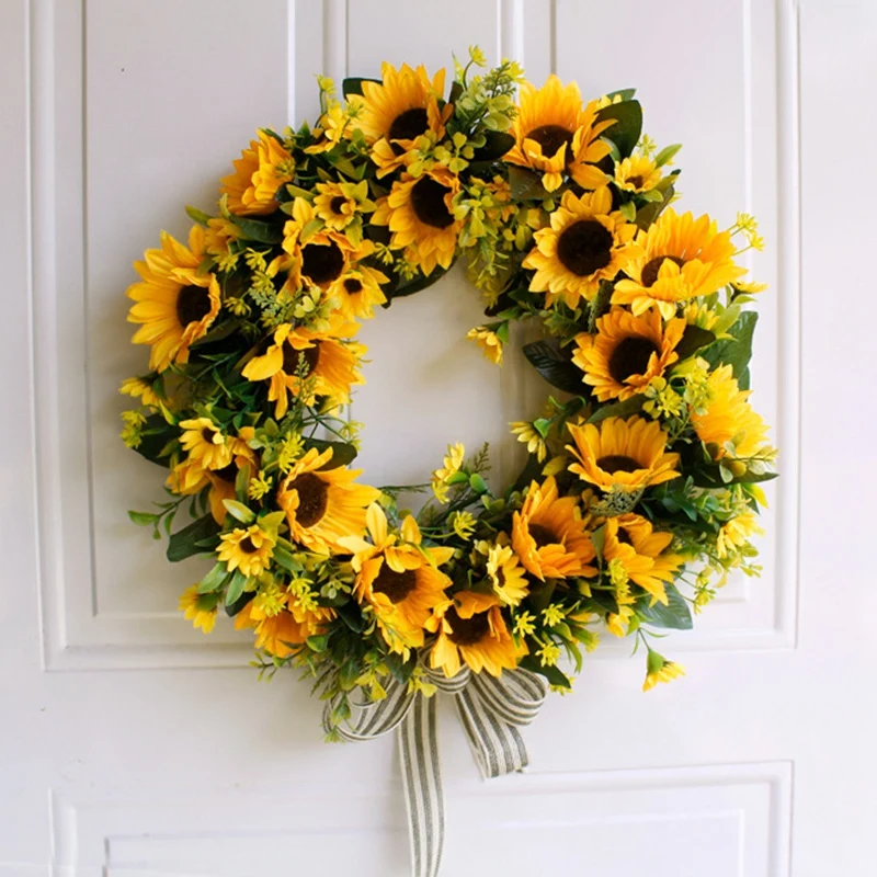 

Artificial Sunflower Summer Wreath-16 Inch Decorative Fake Flower Wreath With Yellow Sunflower And Green Leaves For Front Door I