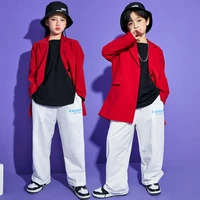 kid kpop hip hop clothing red oversized blazer jacket top white streetwear casual pants for girl boy jazz dance costume clothes