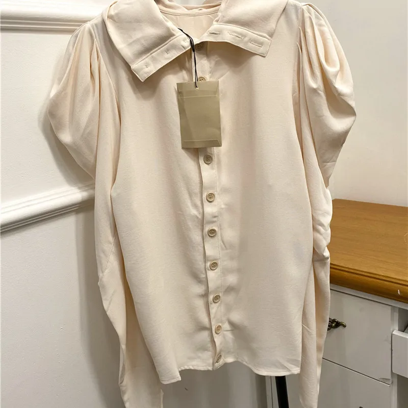 

Women Long Puff Sleeve Shirt Single Breasted Turn-down Collar Early Autumn 2020 Female Vintage Blouse