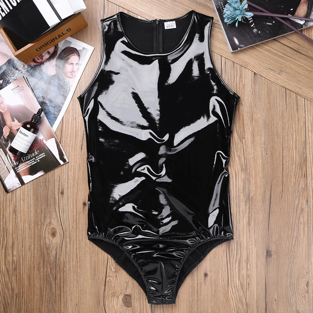 Мужской латексный боди сексуальный клубный костюм Wetlook из искусственной кожи Цельный купальник без рукавов на спине с комбинезон на молнии комбинезон