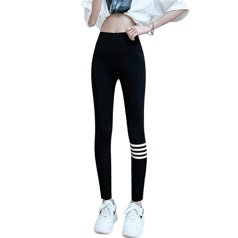 

Новинка 2021, кожаные леггинсы в четырех полоску, штаны для йоги, женские облегающие эластичные спортивные черные леггинсы с высокой талией, л...