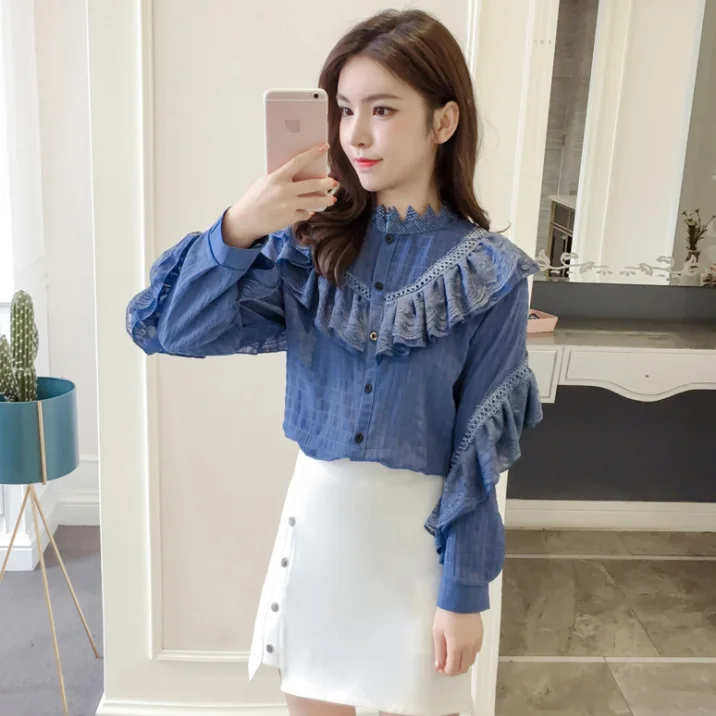 Блузка однобортная с оборками и длинным рукавом 2 цвета | Женская одежда