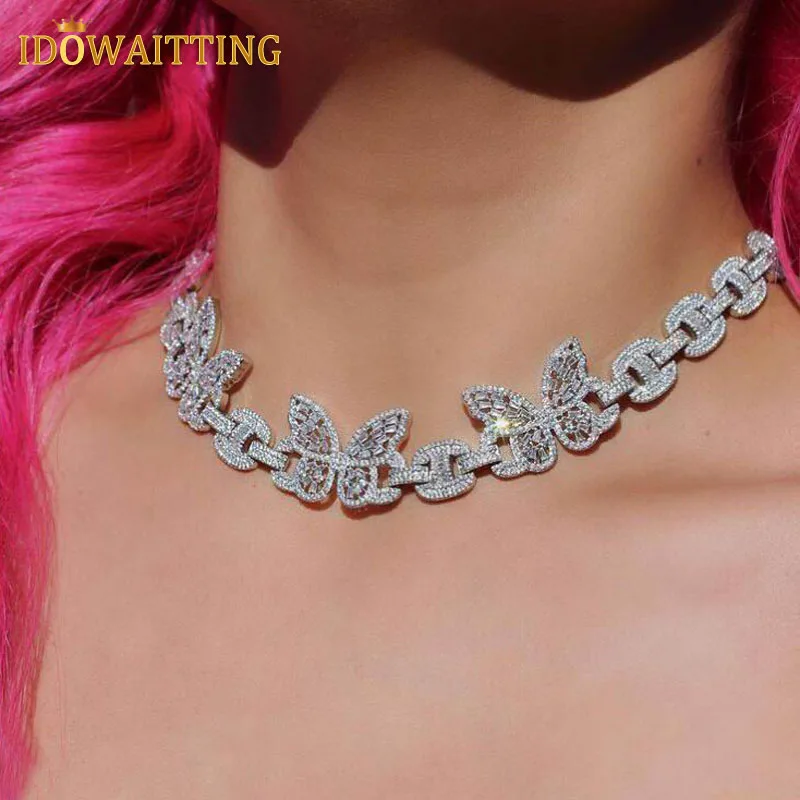 

Sparking Bling Baguette 5A CZ Paved HipHop Lock Pin H Shape Cuban Link Chain Iced Out Girl Women Butterfly Charm Choker Necklace