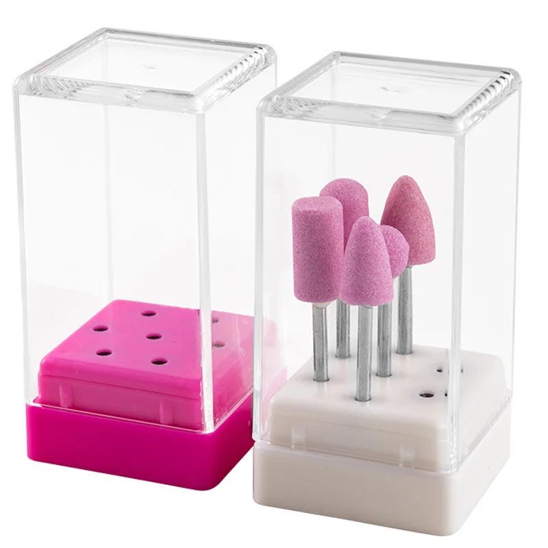 Стояк для хранения сверл для маникюра с 7 ячейками, пустой, для акриловых сверл, синего цвета.