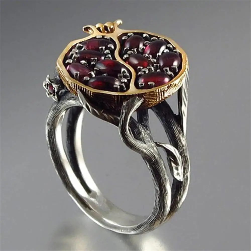 

Vintage Black Gold Red Garnet Unique Fruit Pomegranate Tree Vine Ring Women Wedding Engagement Elegant Jewelry Size 6-10