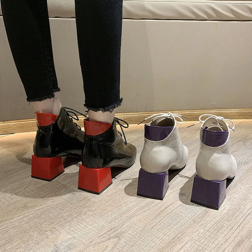 

fashion shoes woman winter boots women Women Fashion Square Toe Lace-Up Ankle Boots Color Matching Short Boots