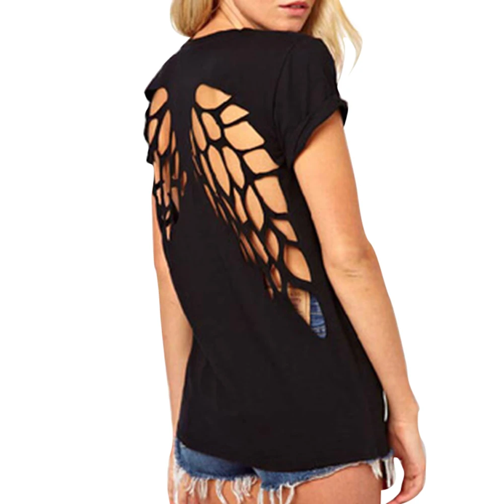 Summer Ladies Solid Tops Sexy Back Hollow Out Angel wing T Shirt Fashion O-Neck Top Laser Cut Women Short Sleeve T-Shirts | Женская