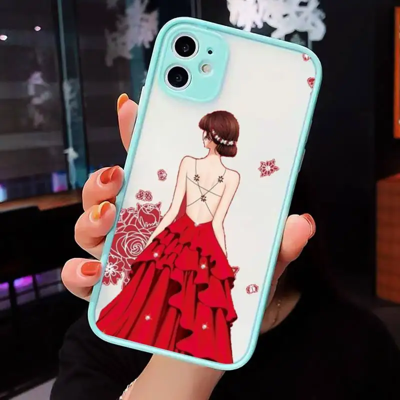 

Fashion red dress girl marry couple Phone Cases Matte For iPhone 12 Mini 11 Pro XR XS Max 7 8 Plus X Hard PC Back Cover