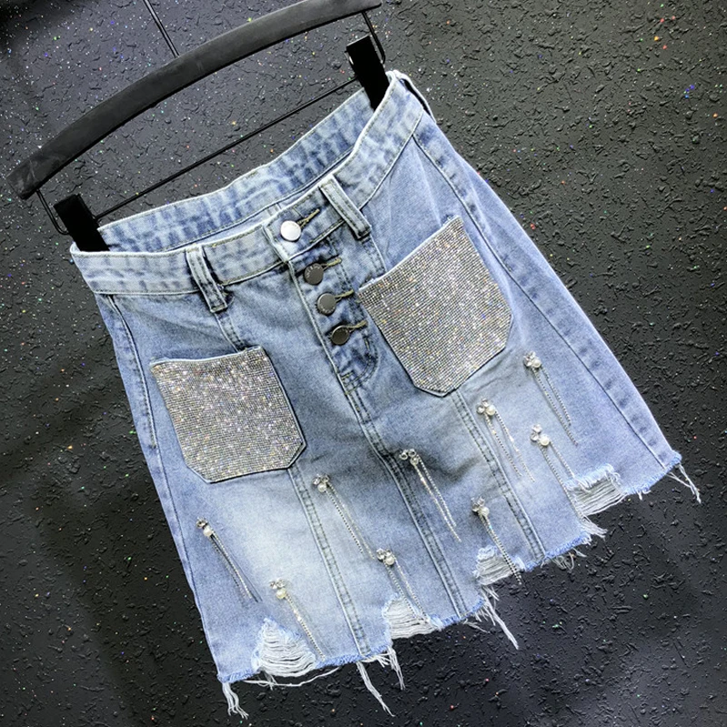 2019 Летняя мода женские Стразы с карманами на пуговицах завышенной талией