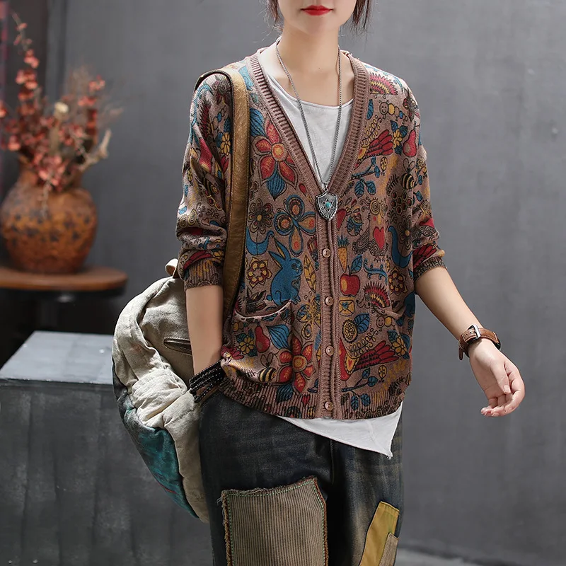 Весенне осенние женские свитера с принтом в стиле ретро свободный v образный