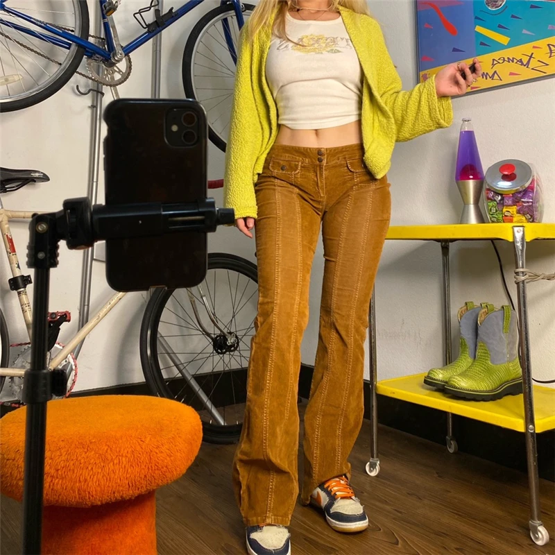 

Dourbesty y2k Corduroy Yellow Vintage Pants Pockets Low Waisted Slim Straight Joggers Women Autumn Sweatpants Harajuku Trousers