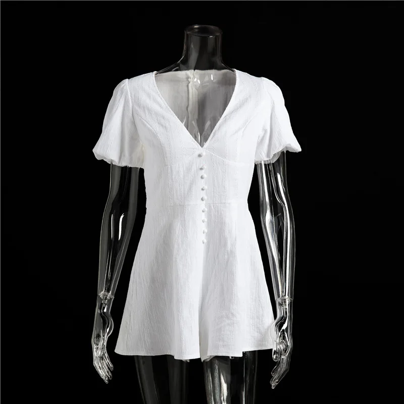 

Foridol Puff Sleeve V Neck Button Casual White Summer Beach Romper Playsuits Wide Leg Female Overalls Cotton Linen Romper