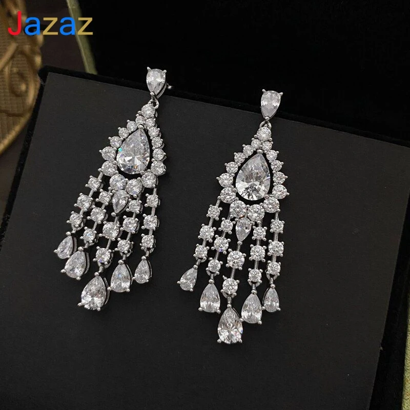 

Jazaz Fine 100% 925 Sterling Silver Luxury Full High Carbon Diamond Tassel Drop Earrings Sparkling Wedding Party Bridal B1087