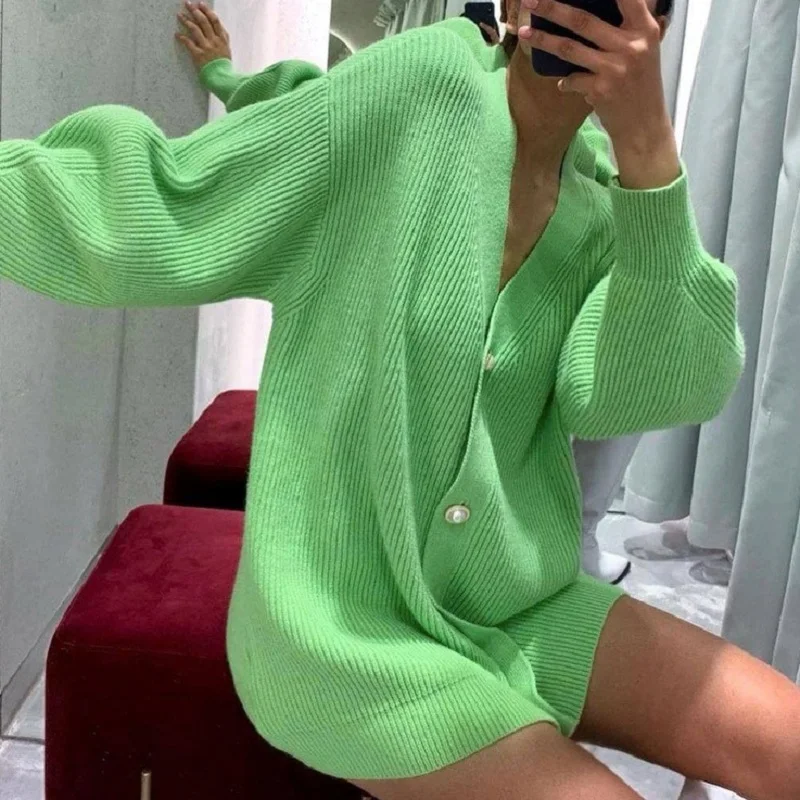 

Chic Casual Women's Knit Sweater Coat Button Long Puff Sleeve Solid Cardigans New Autumn 2022 Outerwear Loose Cardigan Sweaters