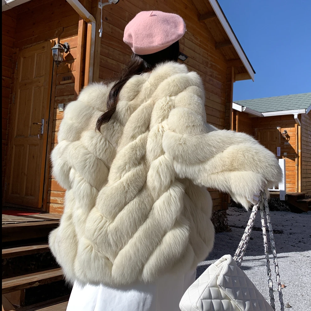 Women Winter Real Fur Coat Natural Whole Skin Genuine Fox Fur Coats Medium Length V-neck Thick Warm Fur Overcoat Trendy Female
