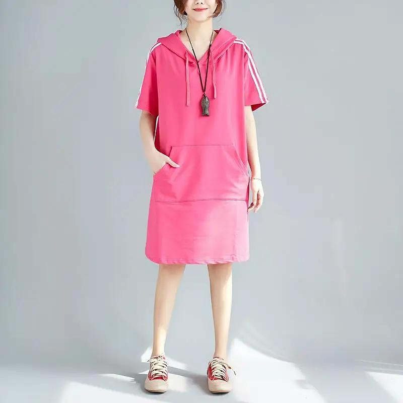 5XL Plus Size Female Dress Loose Woman Hooded Elegant Oversize Pocket Casual Summer Solid Lady Large | Женская одежда