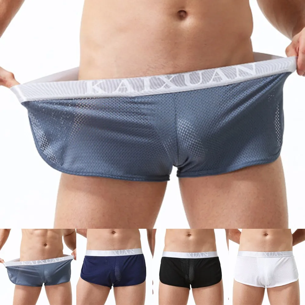 

Mens Ice Silk Underwear Shorts Briefs Boxers Mesh Breathable Trunks Seamless Male Flat Pants Rayon Quick Drying Slip Underpants
