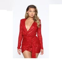 deep v neck autumn red sexy dress center stage sequin women mini dress christmas party club dresses vestidos new style dress
