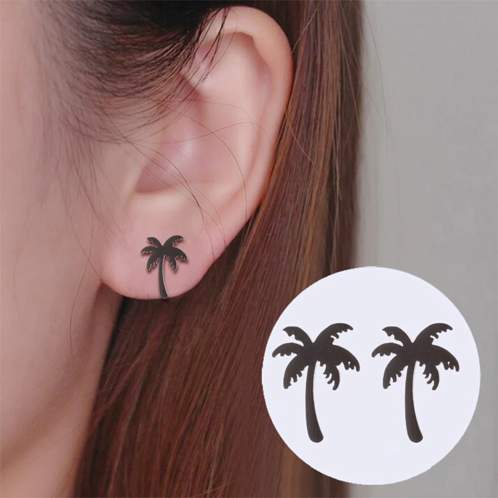 

1 pair Women Stainless Steel Coconut Tree Stud Earrings Summer Holiday Beach Accessories Jewelry Cute Plant Earrings