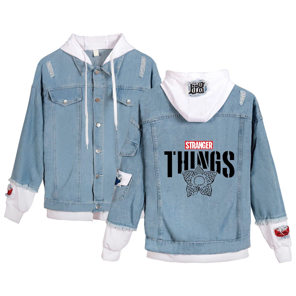 

Aikooki New Fashion Stranger Things Denim Jean Stitching Jacket Coat Young People jeans hoodies Jeans wear Popular Hoodies