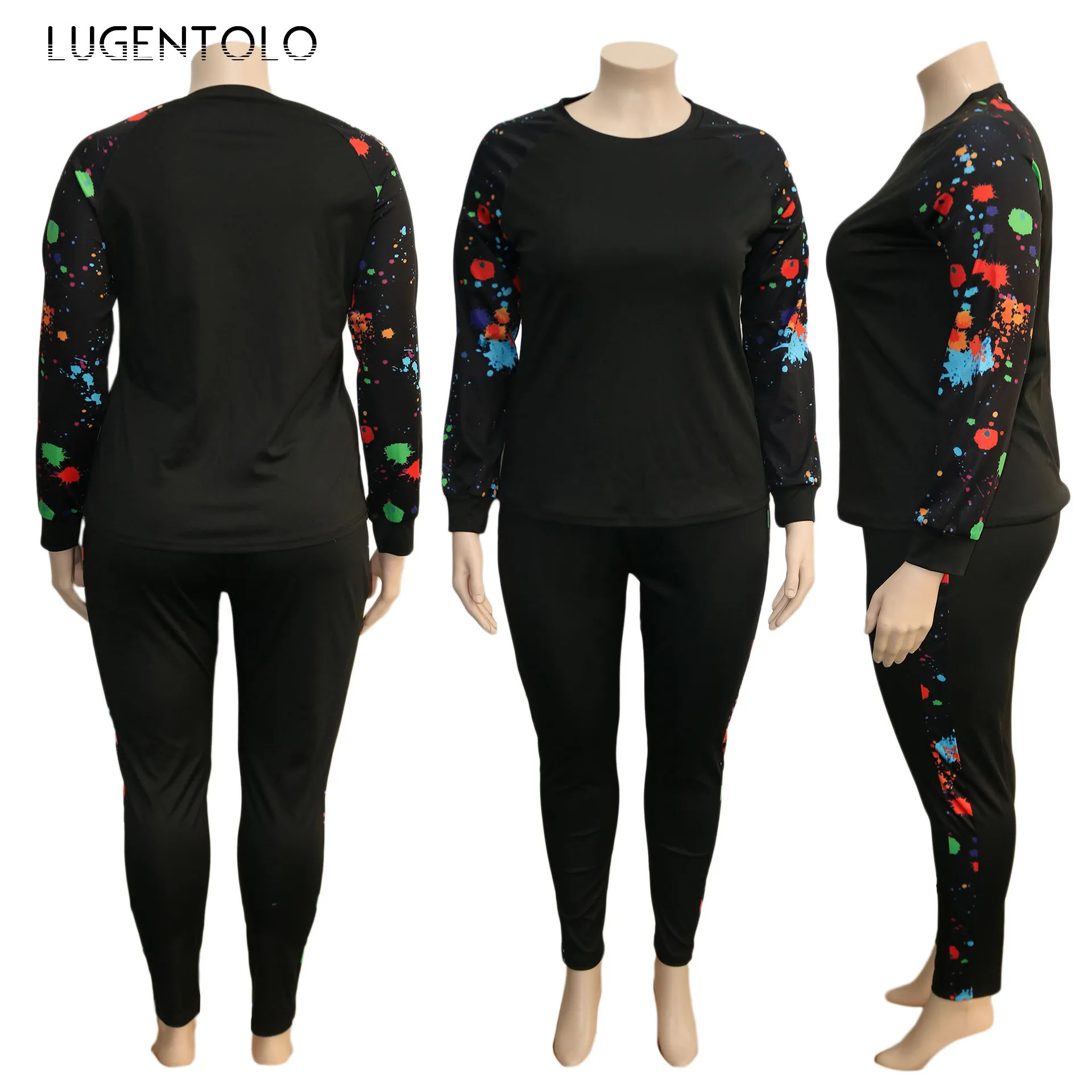 

Lugentolo Women Two Piece Set Sexy Casual Fashion Graffiti Printed Round Neck Tops Long Pencil Tight Pants Female Set Large Size