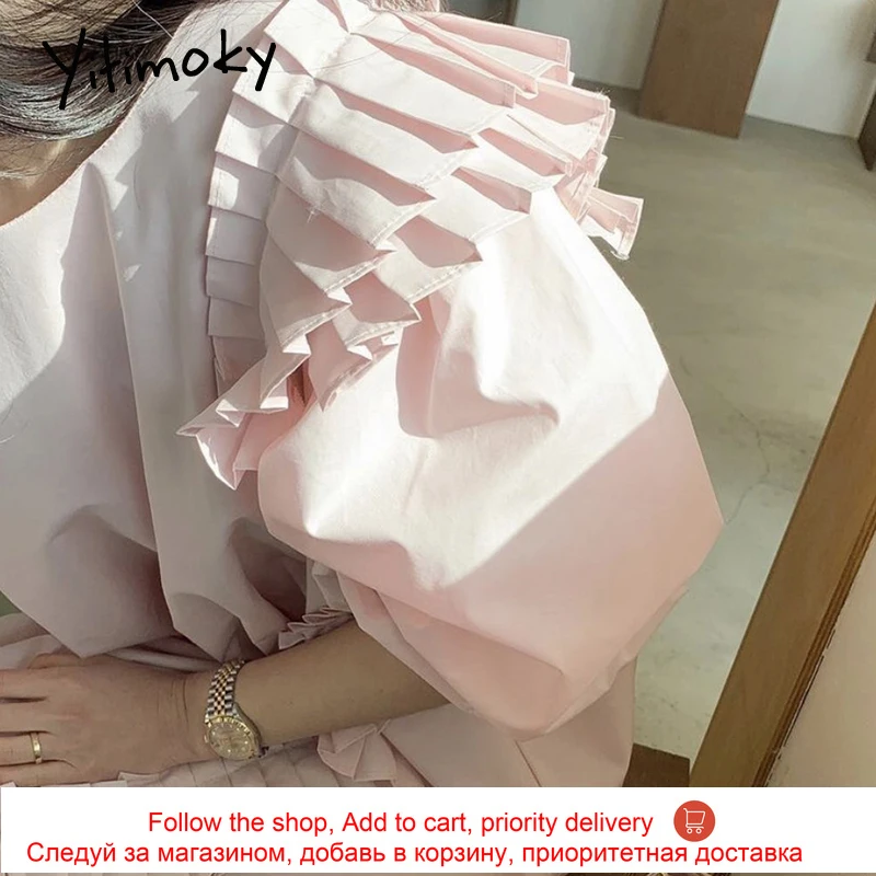 

Yitimoky Irregular High Waist Maxi Dress for Women 2021 Oversize Puff Sleeve O-Neck A-Line Summer Korean New Clothing Pink White