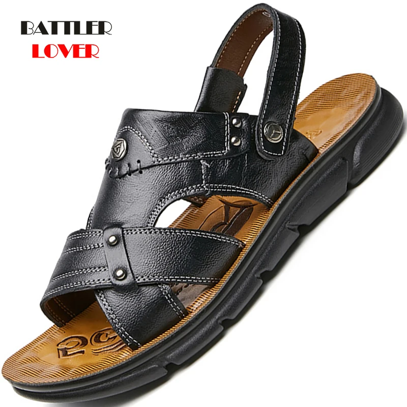 

Men's Beach Sandals Genuine Leather Summer Sandalies for Male 2021 New Dual-use Slippers Homme Outdoor Soft Cowhide Flat Sandals