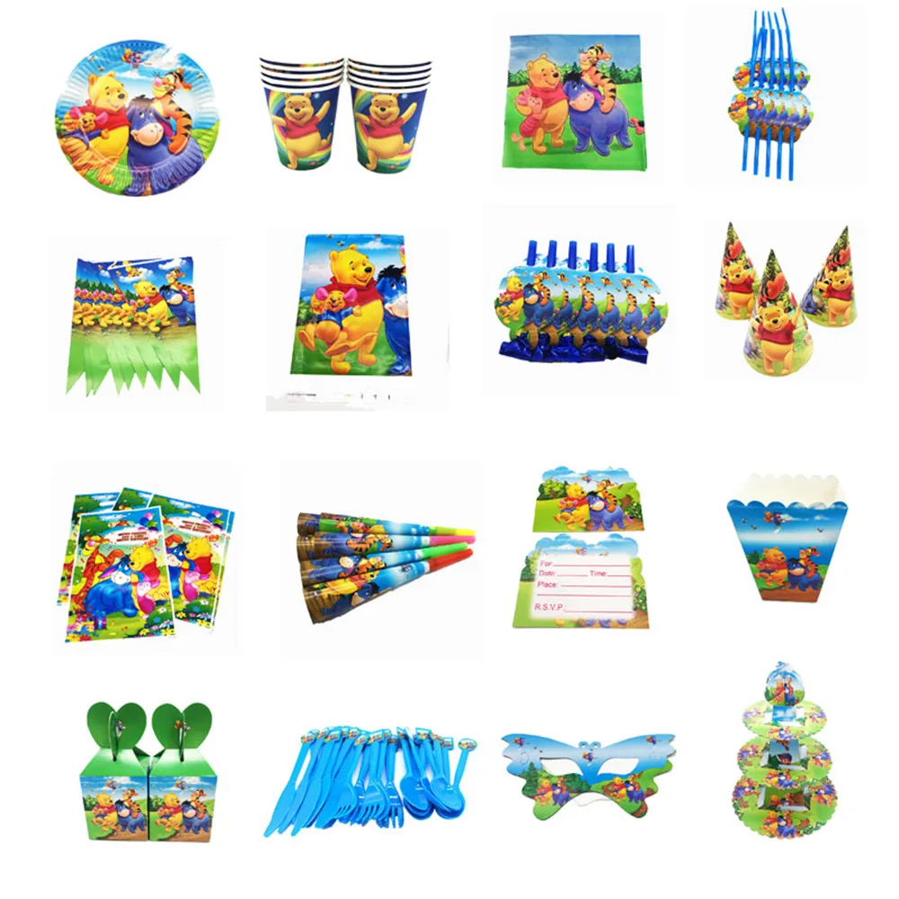 

Winnie the Pooh Birthday Party Decorations Winnie Theme Baby Shower Disposable Tableware Supplies Plates Napkins Banners Straws