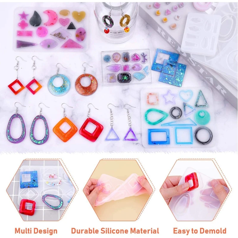 

1 Set Crystal Epoxy Resin Mold Kit Earring Pendants Silicone Mould with Earring Hooks Jump Rings DIY Crafts Jewelry Making