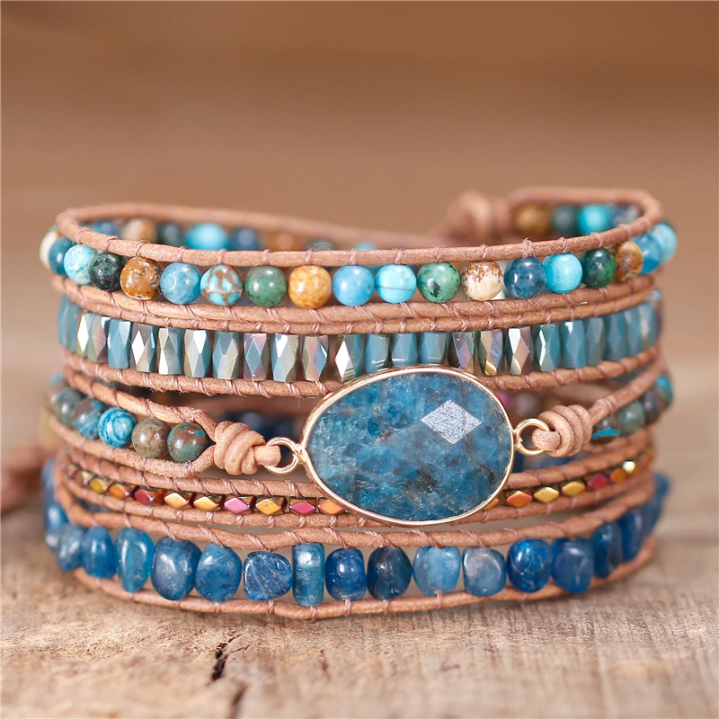 

Boho Gemstones Apatite Charm 5 Layers Beads Wrap Bracelets Healing Stone Gypsy Women Cuff Bracelet Jewelry Gift Dropshipping