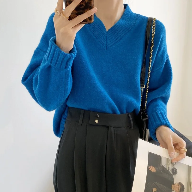 

V-neck Long Sleeve Solid Pullover Fashion Sweater Loose Fit Casual Joker Female Pullovers 2021 Spring Simple All Mach Woman Tops