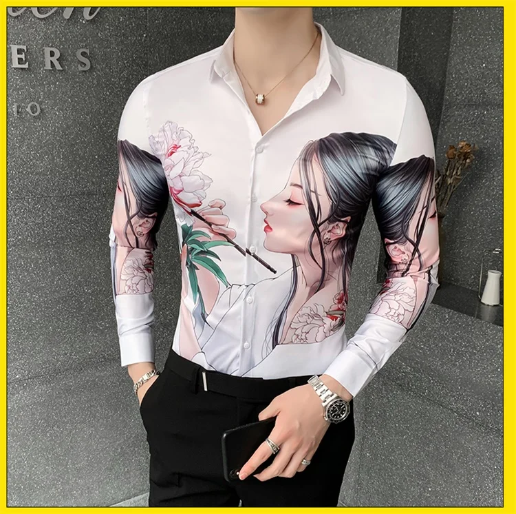 

Loldeal Men Long Sleeve Shirt Beauty Girl Print Black