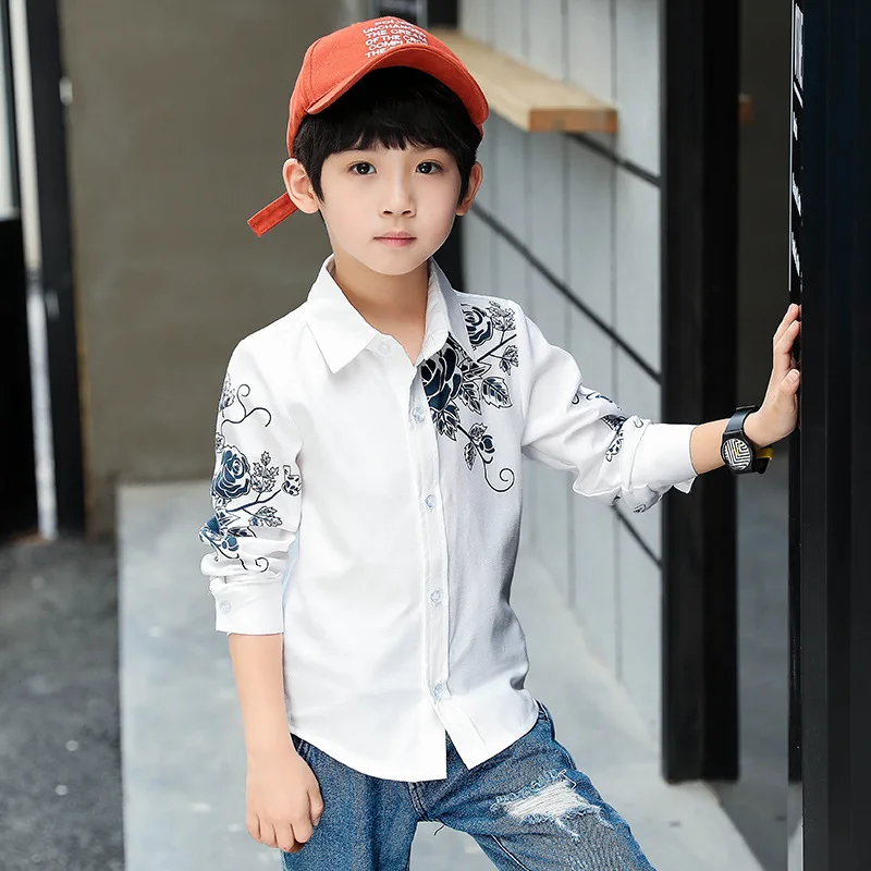 

Baby Kids Print Blouses Autumn Boys Long Sleeve Shirts Teenage School Boy Cotton Kids White Shirt Spring Floral Tops
