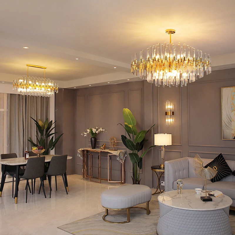 

LED Modern Long Crystal Stick Iron ChandelierHanging Lighting Lampen Lustre Suspension Luminaire For Home Decor Living Room