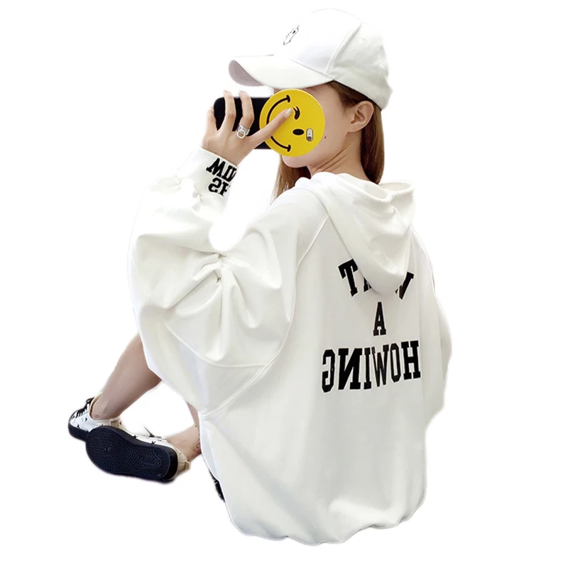 

QRWR Autumn 2020 Hoodies Women Elegant Solid Color Loose Hoody Ladies Lantern Long Sleeve Letter Print Pullover Streetwear