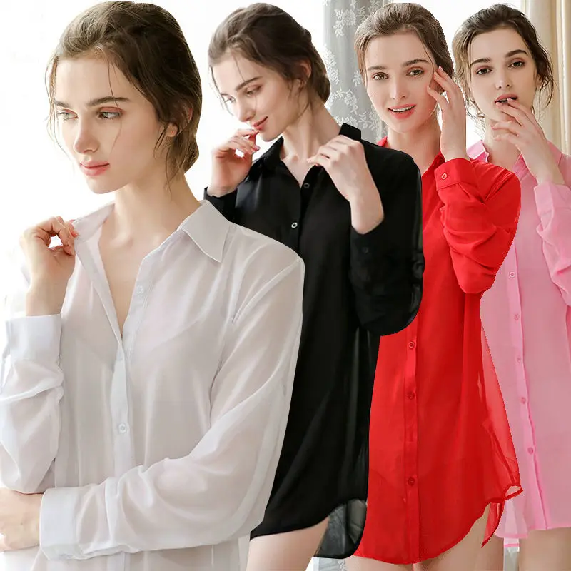 

2021 Summer Blouses Women's Long Sleeve Chiffon Tops Plus Size White Blouse Women Red sexy shirt Button up shirt Ladies tops